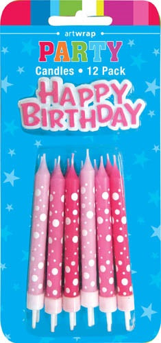CANDLE 12PK 8CM W PLQUE PINKS